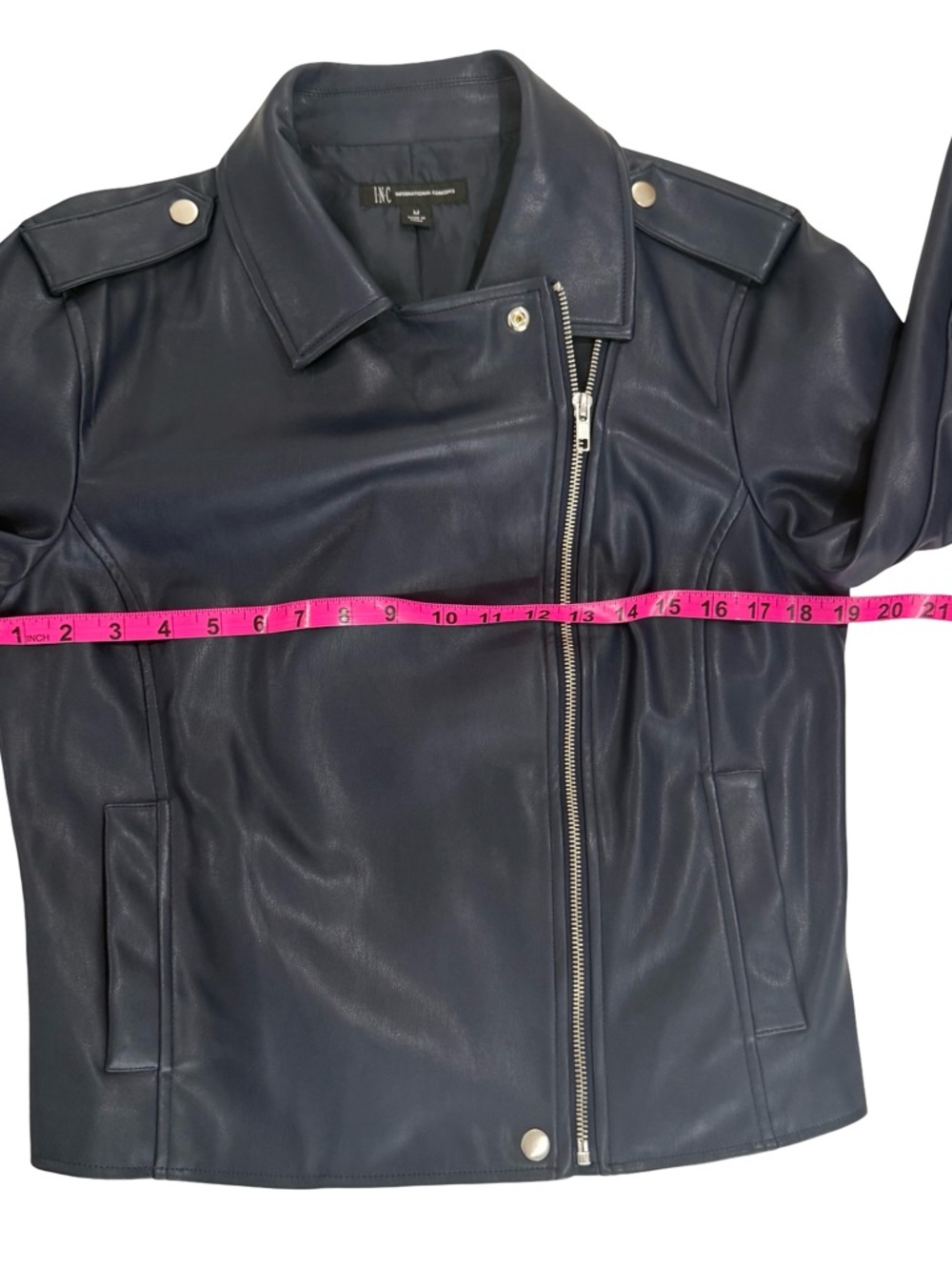 INC International Concepts Faux Leather Moto Jacket Size Medium Dark Navy Blue - Picture 12 of 13
